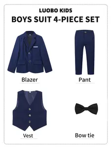 4-Piece Formal Suit for Toddlers, Boys & Teenagers, Navy/Black Slim Fit Suit (Jacket + Vest + Pants + Bow Tie) | Ideal for Birthdays, Weddings, Graduations, Church and Other Formal Occasions -19133