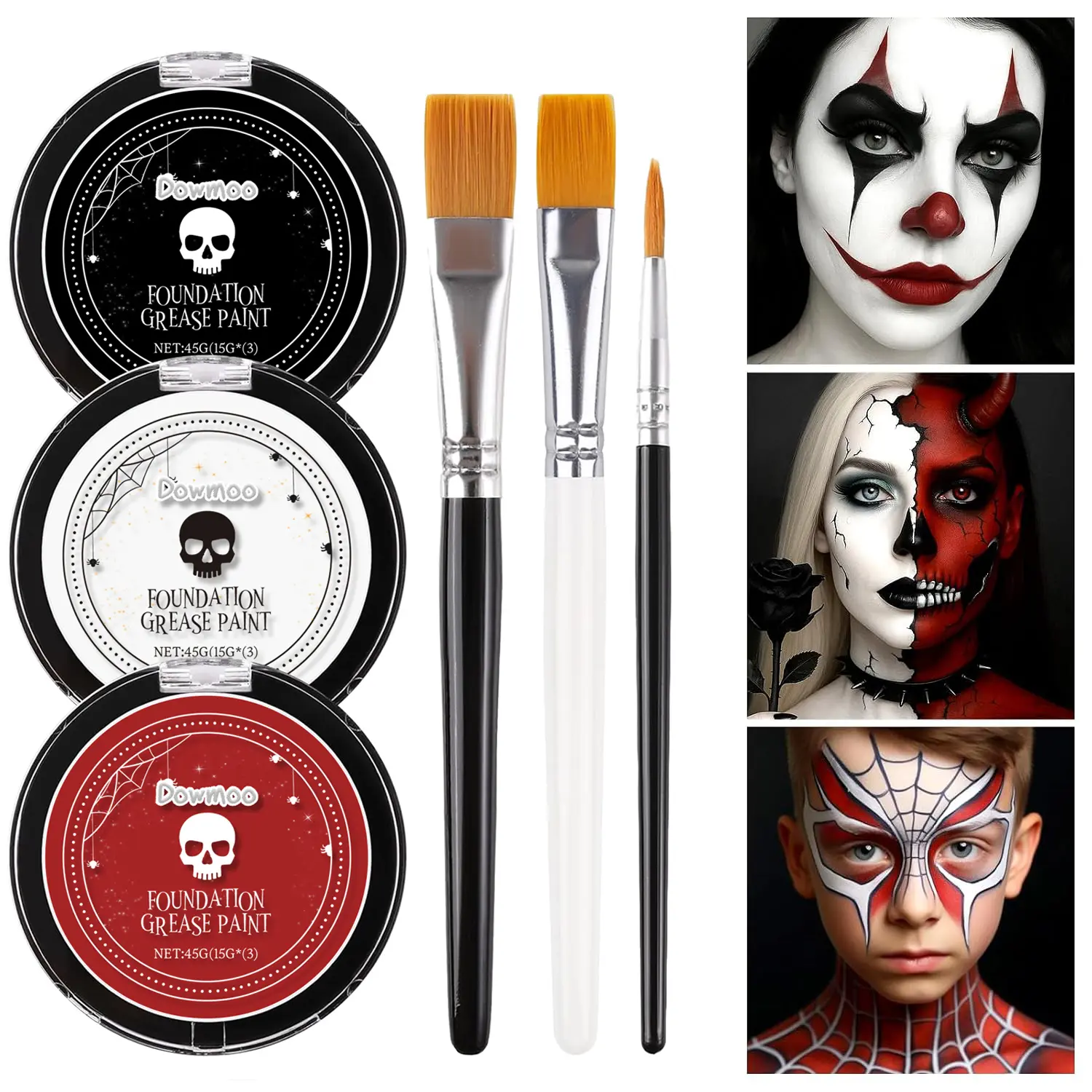Goth White Foundation + Black Red Face Body Paint for Halloween Makeup, Face Painting Kit with Brushes Facepaint Set for Adults Clown Vampire Skull SFX Make Up Costume Cosplay Party Theater Stage ﻿