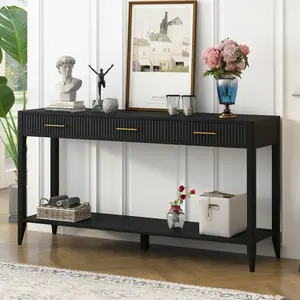 60'' Fluted Console Table with Storage Drawers and Shelf, Wood Modern Entryway Table with Storage for EntryWay, Hallway, Foyer (Black)