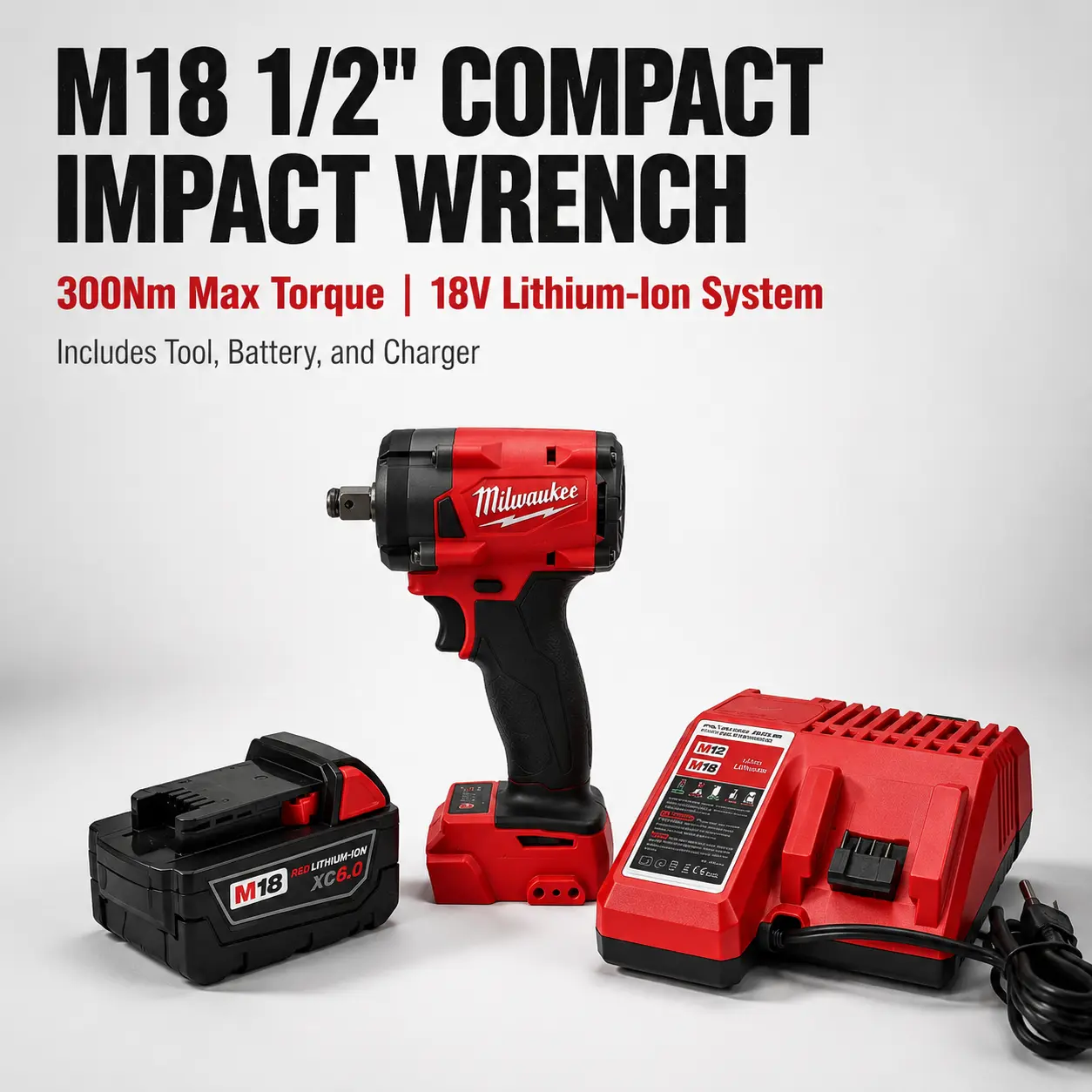 Milwaukee M18 FIW212 1/2 in Lithium-Ion Cordless Impact Wrench, 300Nm Torque Power Tool, 4 Speed Modes, Friction Ring Anvil, Through Hole Design, for Mechanics’ Auto Repair, Mechanic