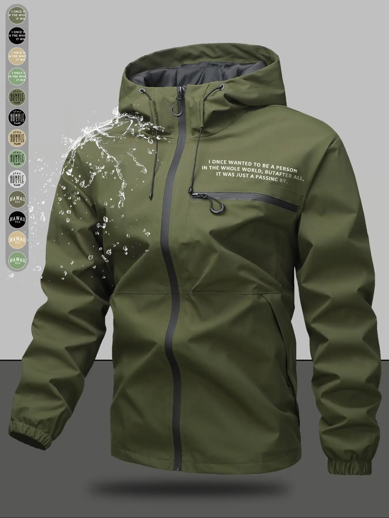 Men's Letter Print Zipper Hooded Jacket, Casual Waterproof Windproof Long Sleeve Hooded Outerwear for Outdoor Activities, Fashion Men's Clothes for Al