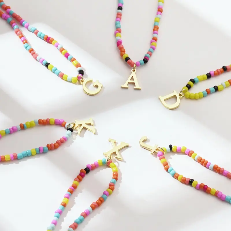 Colorful Beaded Necklace, Adjustable Beaded Design, Beach Letter Necklace, Letter Charm Pendant Adjustable Necklace for Women & Girls, Casual Jewelry for Party, Daily Clothing Decor, All-match Jewelry for Birthday Gift, Boho Style Beaded