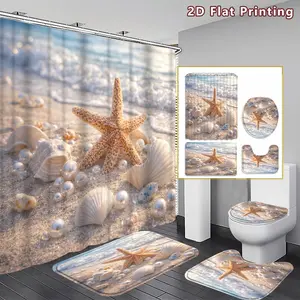 4PCS Beach Seashells Shower Curtain set, Natural Seashell and Starfish Bathroom Decor, Accessories with Bath Mat, U-shaped Mat, Toilet Lid Cover, 12 Hooks 180x180cm Curtain, Coastal Aesthetic, Home Decor, bathroom accessories