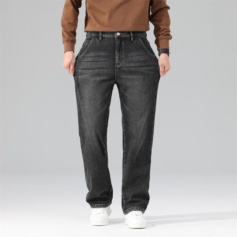 Men's Fleece-Lined Stretch Jeans Winter Loose-Fit Fleece-Lined Jeans Straight-Leg Mid-Rise Fashionable Versatile Jeans Business Casual Warm Trousers Suitable for Daily Wear and Outings