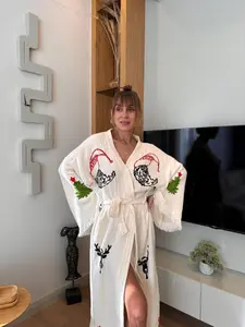 Christmas Sustainable Clothing, Xmas Design Printed Robe,Christmas Vacation Robe, Natural Gauze Dressing Gown,Natural Cotton Women Robe, Christmas Gift