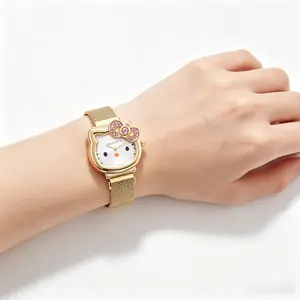 Sanrio Hello Kitty Gold Wrist Watch Kawaii Cute Analog Quartz Fashion Timepiece for Girls & Teens