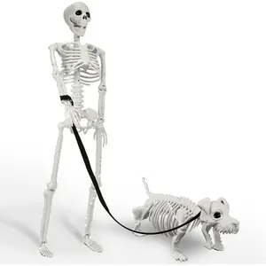 Lighted Human & Dog Skeleton Halloween Decorations Outdoor/Indoor - 36 Inch Realistic Full Body Movable Posable Skeleton Spooky Halloween Decor for Garden Yard Porch Indoor Party Haunted Graveyard