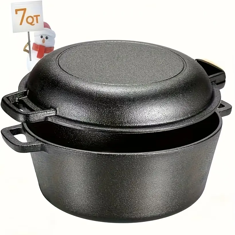 2-in-1 Large 7QT Pre-Seasoned Cast Iron Dutch  Oven Pot with Skillet Lid Cooking Pan, Cast Iron Skillet Cookware Pan Set with Dual Handles Indoor Outdoor for Bread, Frying, Baking, Camping, BBQ