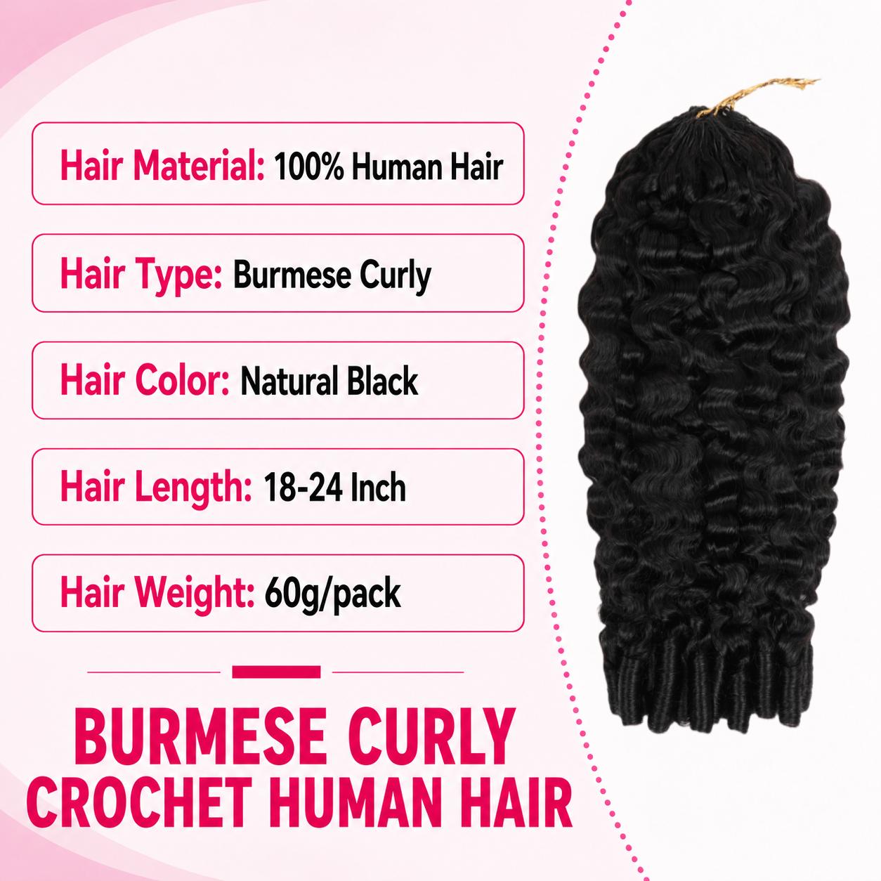 Bangjazz Hair Burmese Curly Crochet Human Hair Pre-Separated Feather Crochet Real Human Hair Invisible Miracle Knots Hair Crochet Hair Extensions Natural Black
