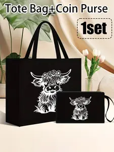 Two-Piece Shoulder Tote Bag Set, Highland Cow Print, Includes Small Drawstring Pouch, Large Capacity, Ideal for Students and Office Workers