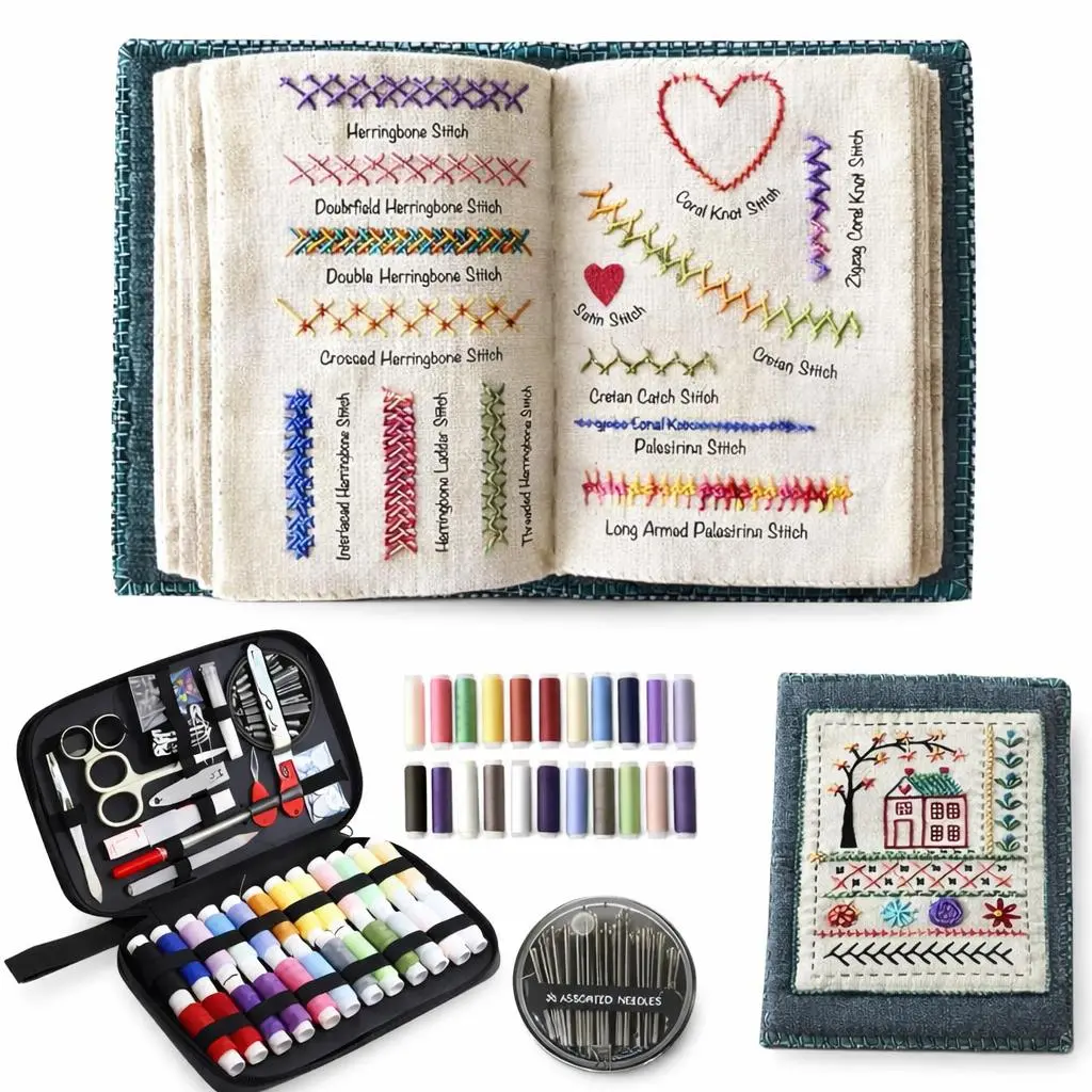 Beginner-Friendly DIY Embroidery Thread Kit, Compact Organized Hand Sewing Set with Scissors, 2026 Stitching Tutorial Book, Seam Ripper Ready, Holiday Gift Ready Vibrant Designs, Hand Sewing Stitches