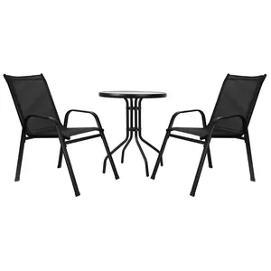 Explorinox 3-Piece Outdoor Bistro Furniture Set - Patio Dining Set with Round Textured Glass Tabletop and 2 Foldable Chairs for Porch, Garden