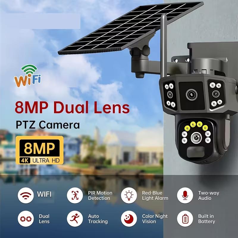 Solar Security Cameras Wireless Outdoor With 64GB SD Card - 2.4 GHz WiFi Security Cameras, 4K/8MP Dual-lens Linkage, Battery Powered, 360° Pan And Tilt, Ultra Clear Color Night Vision, PIR, Two-Way Audio, SD And Cloud Storage