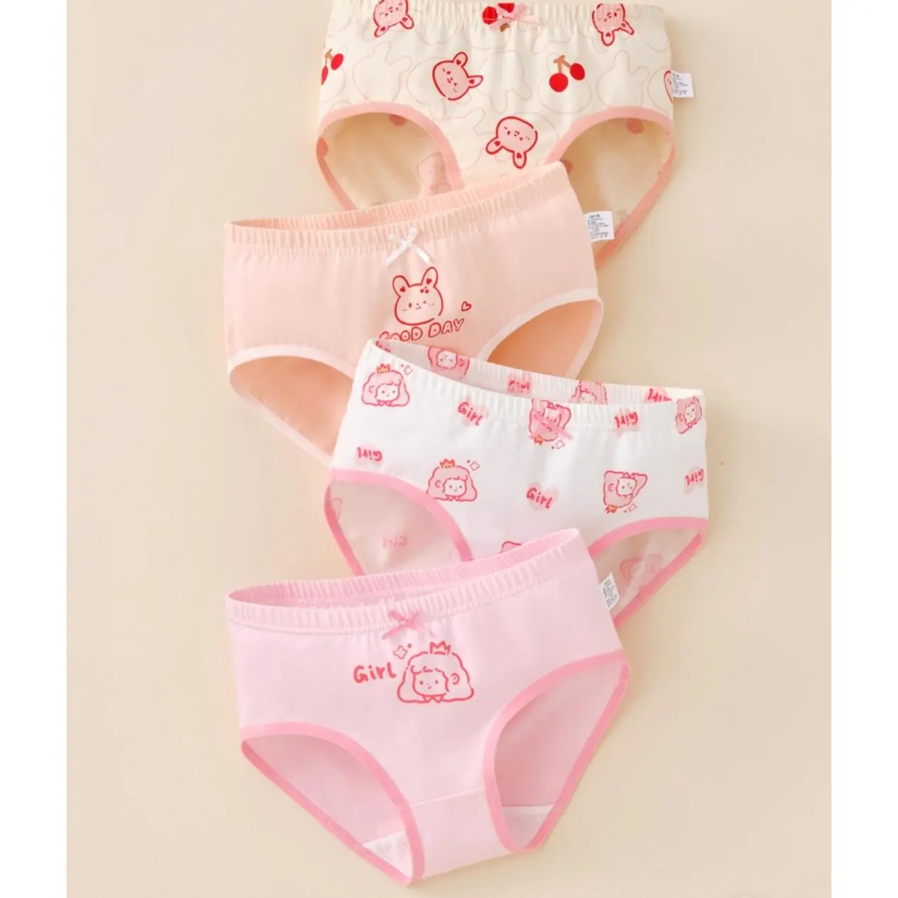 Girls' Character-Themed Knit Fabric Panties, 4pcs Soft Quick-Dry Breathable Pink Briefs with Swan Unicorn Prints, for 3-4y,4-5y,5-6y,7-8y,9-10y,11-12y Kids