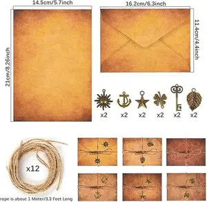 Vintage Writing Stationery Letter and Envelopes Set - Classic Design for Nostalgic Correspondence & Elegant Writing Experience 21cmx21cm Letter 16.2cmx11.4cm Envelope 14.5cmx8.26inch 12 Feet Twine 12 Antique Charms