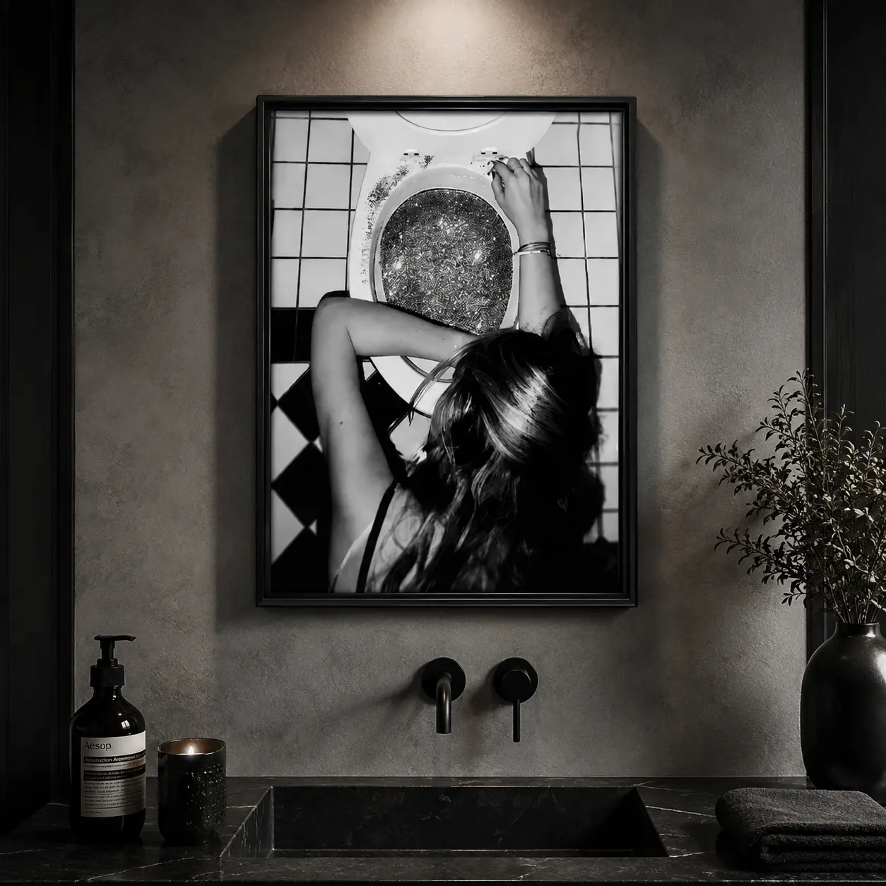 Funny Bathroom Restroom Wall Decor Glitter in Toilet Party Girl Picture Display Black and White Glam Graphic Artwork for Toilet Washroom