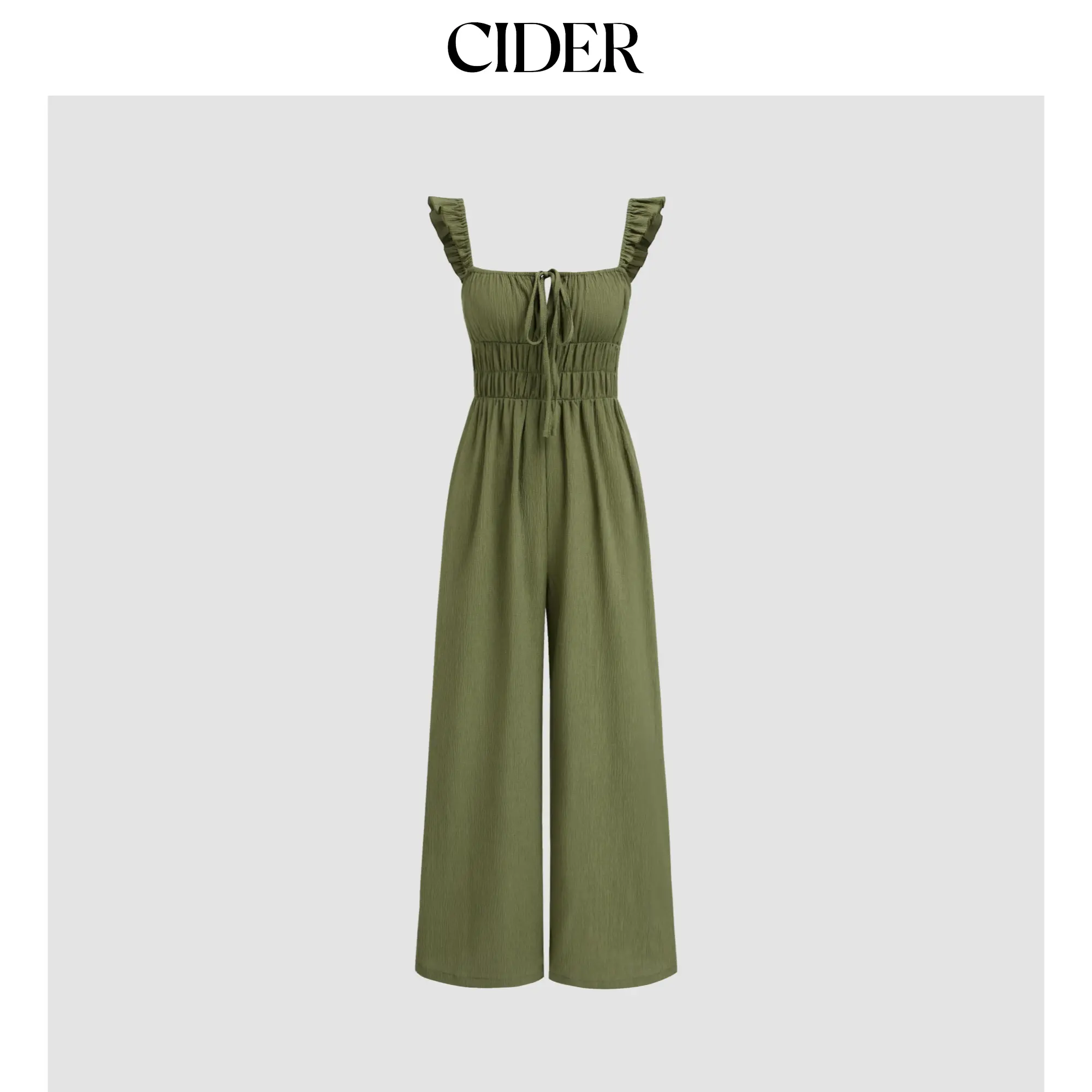 Cider Women's Solid Shirred Overalls Jumpsuit - Knotted Bodice, Ruffle Hem, Wide-Leg Pants with Tie Detail