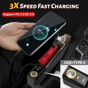 Seat gap filling storage box, Car storage organizers - black set, with USB + Type-C, cigarette lighter socket, rechargeable, detachable base, suitable for front passenger and driver seat gaps, car storage box, car accessories