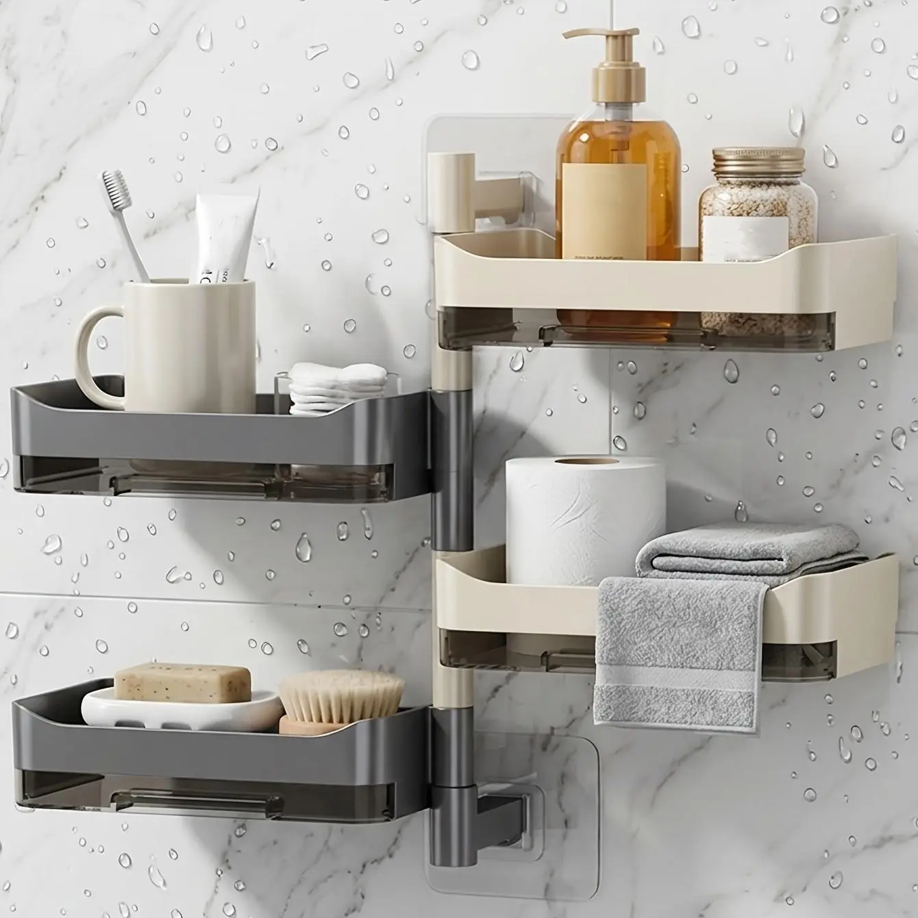 AmoiChic Rotating Soap Dish - Wall-Mounted Modern 3-Piece Multi-Tier Shower Organiser, Space-Saving Storage for Soaps, Sponges, Cosmetics, Easy to Clean, Ideal for Bathrooms, Modern Shower Organiser, Three-Piece Shower Organiser