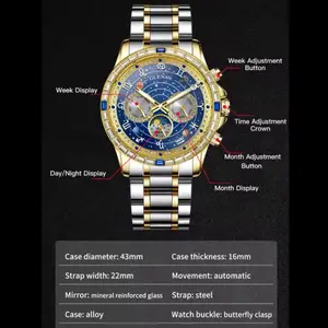 Glenar Reloj Mecánico Automático 43mm Case con Display Semanal y Diario/Nocturno Correa de Acero 22mm Movimiento Mineral Reinforced Glass