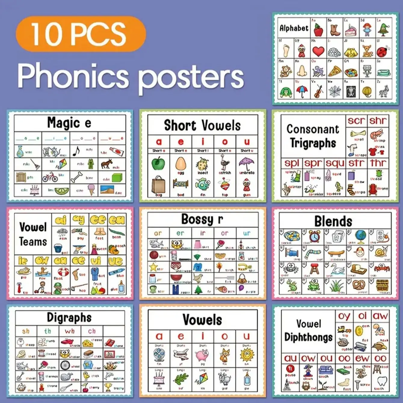 10 Natural Reading Phonics Learning Posters, Alphabet Learning Chart, Toddler Education Word Cards, Classroom Wall Decor, English Teaching Aid Tools, Classroom Supplies, Learning Materials