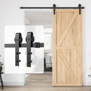 6Ft Heavy Duty Sturdy Sliding Barn Door Hardware Kit Single Door - Smoothly and Quietly - Simple and Easy to Install - Fit 1 3/8-1 3/4" Thickness Door Panel(Black)(J Shape Hangers) Homlux