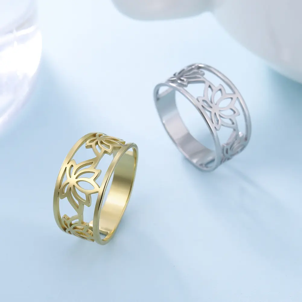 Female Customized Vintage Floral Lotus Ring, Gold-Tone Stainless Steel Buddhism Amulet, Adjustable Band for Everyday Wear, Daily, Lotus Ring-G