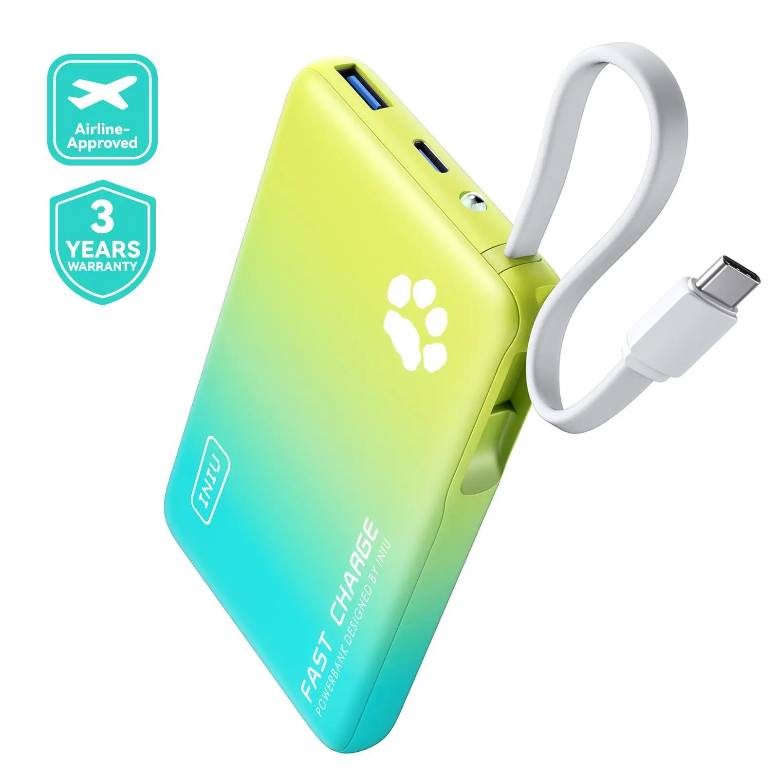 INIU PawGO 45W 10000mAh Portable Rechargeable Power Bank, Slimmest Mobile Charger with Built-in USB-C Cable, 45W PD Fast Charging USB-C In&Out Battery Pack for iPhone 16-11, Samsung S24-S21, Google Smartphone Devices & Electronics Accessories