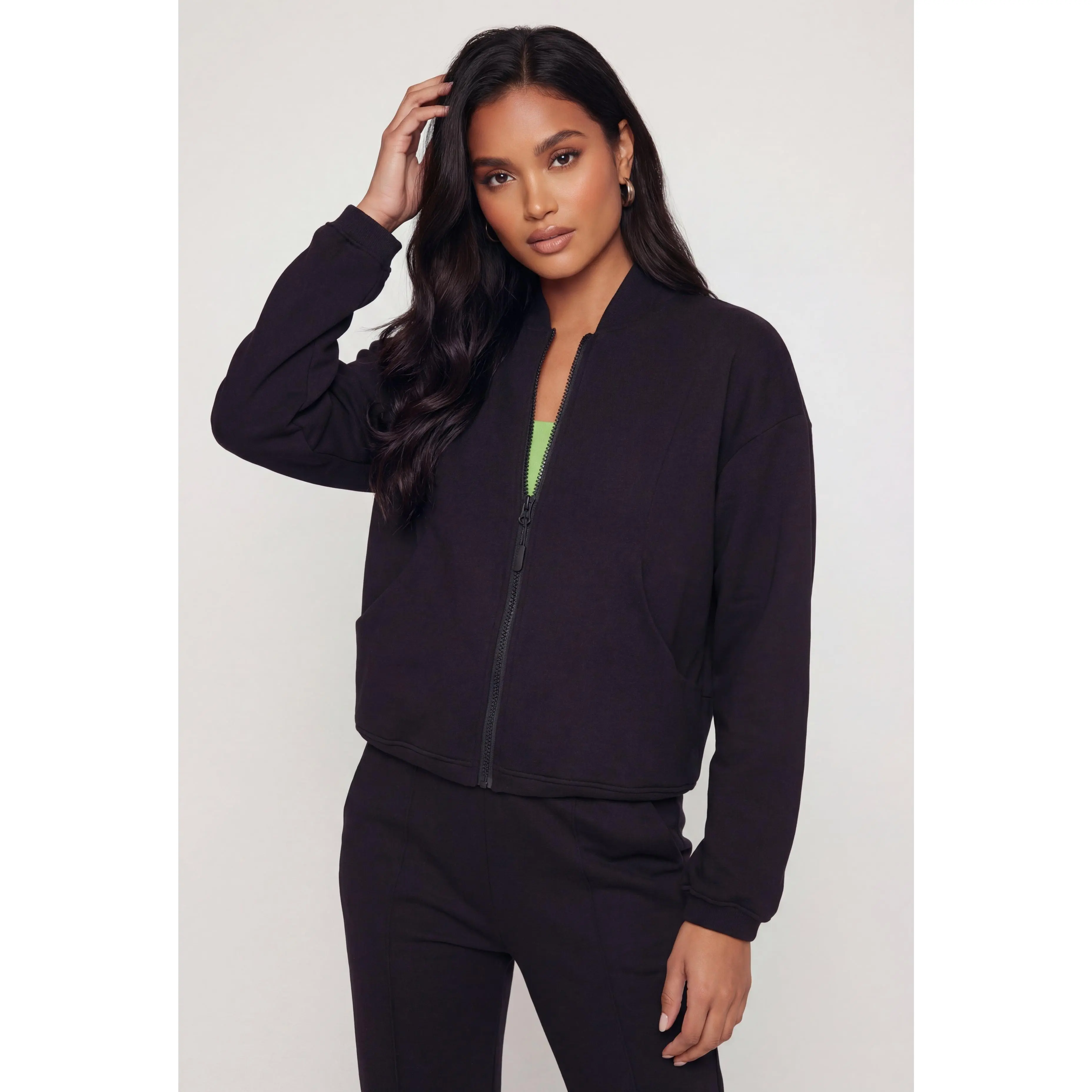 Zip Front Bubble Hem Hooded Sweatshirt