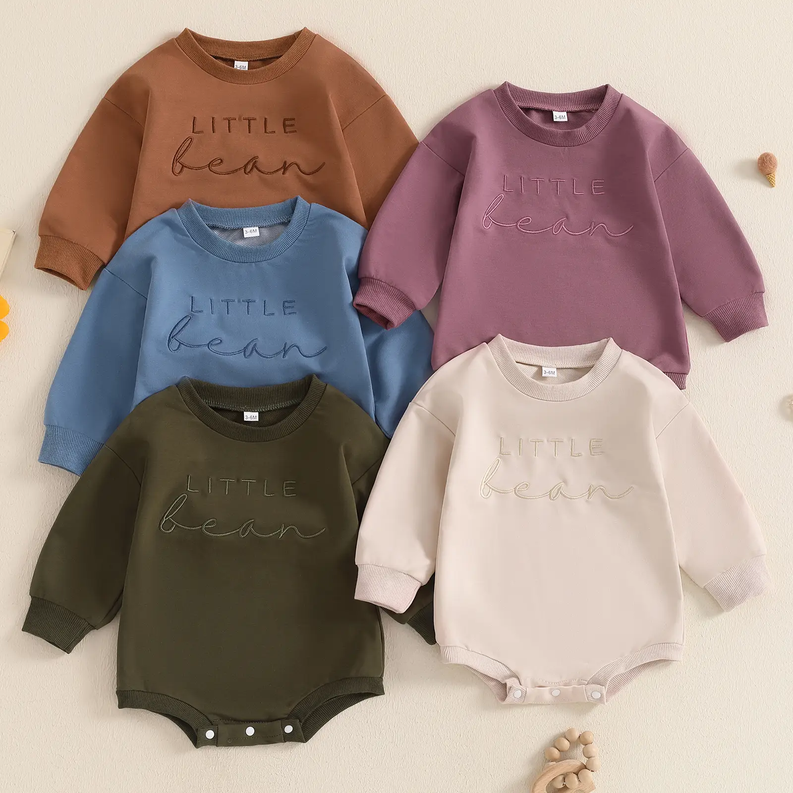 0-18M Baby Girl Boy Sweatshirt Romper Fall Winter Clothes OutfitsLittle Bean Letter Embroidery Long Sleeve Crew Neck Bodysuit Newborn Playsuit