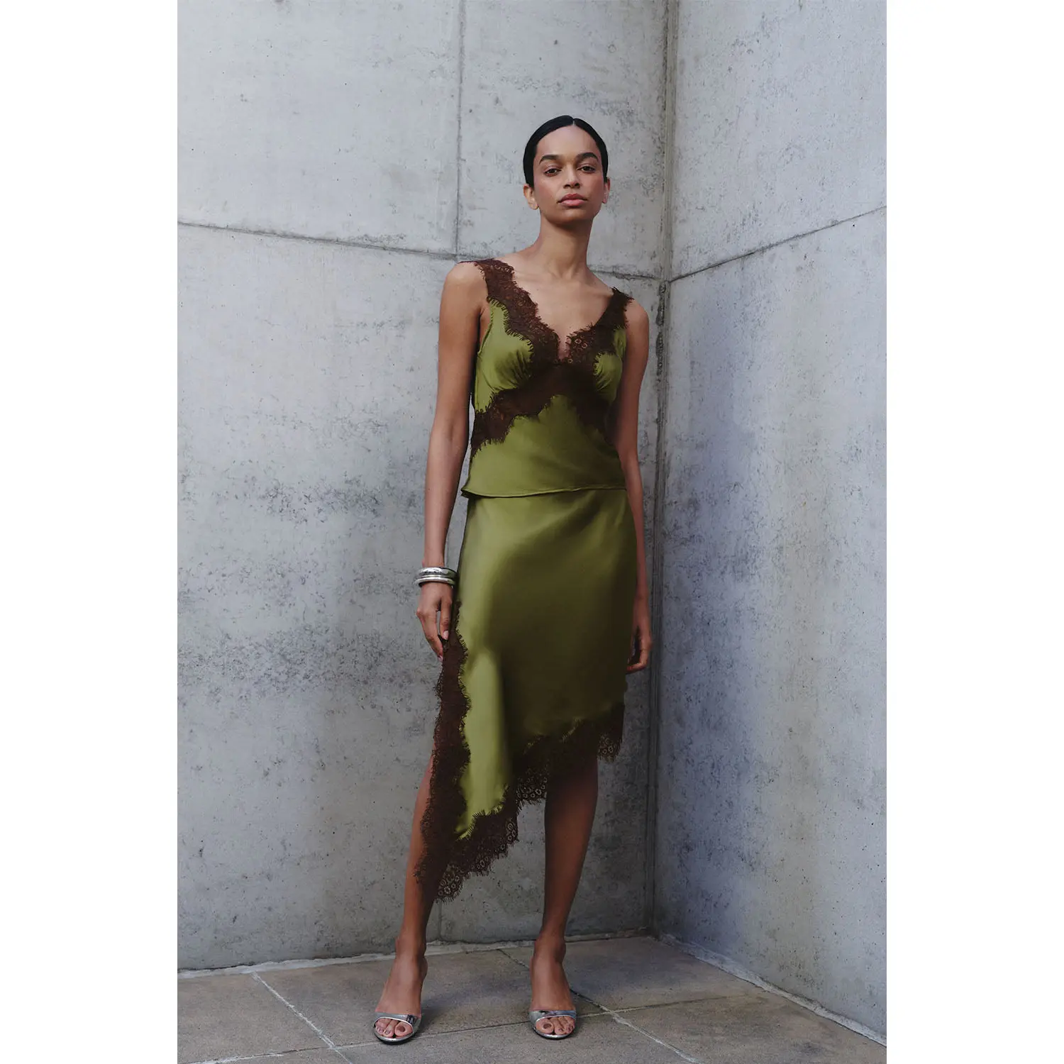 Amber Satin And Lace Midi Skirt - Olive
