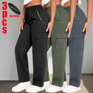 3-Pack Value Pack Women’s Cargo Wide-Leg Pants with Zipper Pockets, High Elastic Waist, Drapey Casual Style, Anti-Loose Item Design, Straight-Leg SportswearPocket Hack Womenswear Bottom