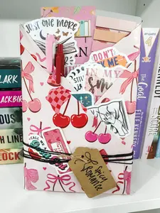 Romance Blind Date With A Book Bookish Merch Mystery Book Bundle With Cherry Print Wrapping Paper Annotation Tabs Pen Highlighter And Bookish Stickers
