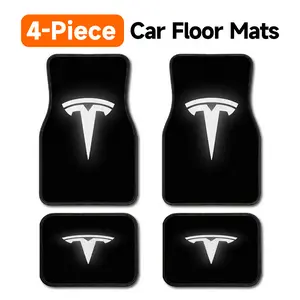 4-Piece Tesla Car Floor Mats, Universal Fit All Weather Heavy Duty Automotive Floor Liners, Black Anti-Slip Stain Resistant Durable Carpets with White Tesla Emblem Graphic, Easy to Clean Front & Rear Foot Mats for Most Cars, SUVs, Trucks & Sedans