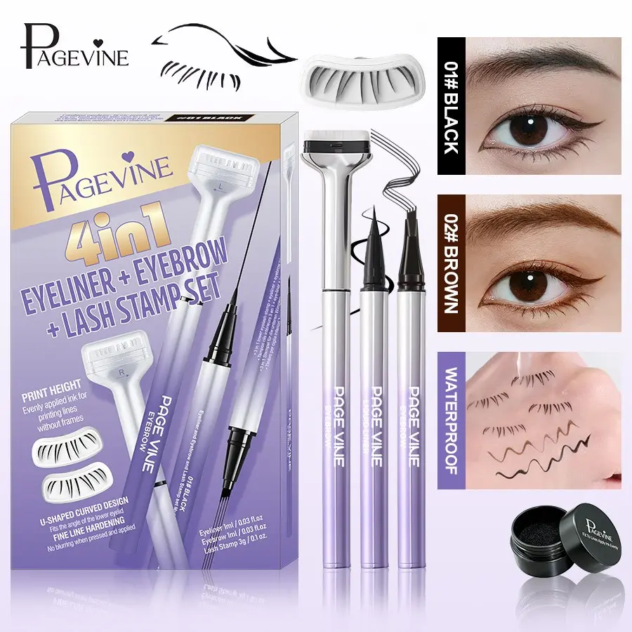 1Set PAGEVINE 4 In 1 Eyeliner Eyebrow Lash Stamp Set U Curved Stamp Fine Liner Tip Waterproof Smudge Resistant Even Ink 2 Shades Black Brown Portable Multi Function For Daily Office Party Travel Concert Makeup Beginners Eye Makeup Lovers