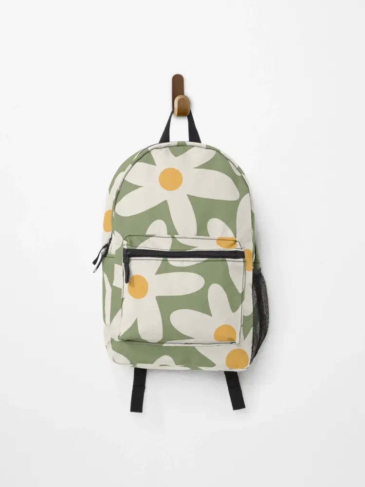 Retro Daisy Time Floral Pattern in Sage Green, Beige, and Mustard Backpack - Back To School, Gif For Boys, Girls