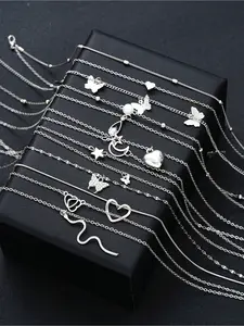 12 Pcs Heart Butterfly Rhinestone Star Moon Water Drop Snake Faux Pearl Pendant Necklace Set, Multi-Layer Dainty Chain Fashion Jewelry Gift, Alloy Necklace, Dainty Necklaces