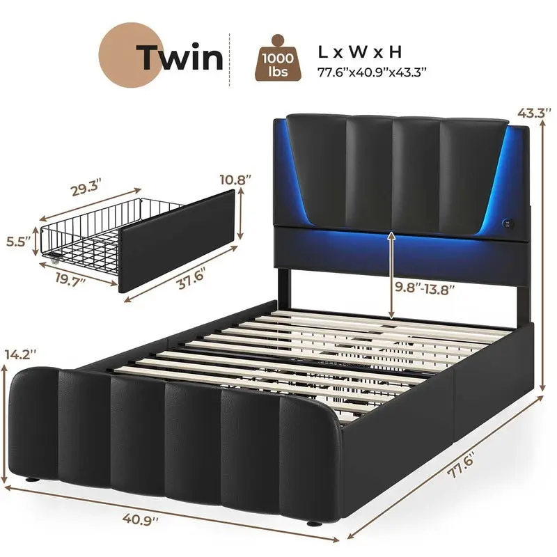 Twin Bed with 4 Drawers - Black