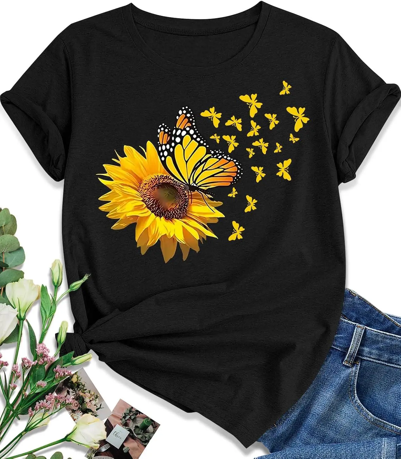 EUOW Women's Sunflower Graphic Garment, Fitted Customized Shortsleeve T-Shirt - Boho Flowers, Floral Butterfly Design, Heart Sunflower Print, Crew Neck, Soft Skin-Friendly Fabric, Casual Holiday Top, Multiple Colors