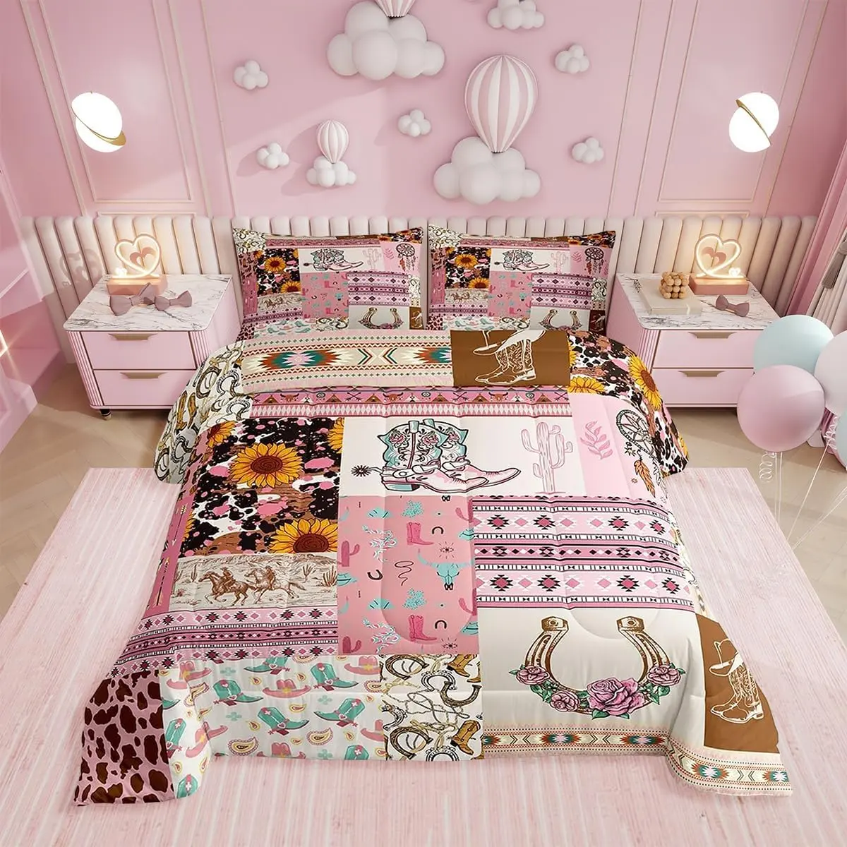 Feelyou Queen Bedding Sets - Western Cowgirl Style, Cow Print, Pink Boho Sunflower, Horseshoe Grid Pattern Comforter for Bedroom Decor