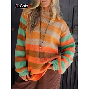 Women’s Casual Colorblock High-Neck Drop-Shoulder Sweater, Comfortable Knitwear for Autumn & Winter, Ladies Fashion Pullover