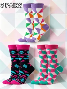 3 Pairs Colorful Geometric Pattern Crew Socks for Men and Women, Casual All-Season Fashion, Perfect for Daily Wear