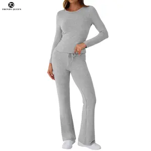 TRENDY QUEEN Women's 2 Piece Foldover Yoga Flare Leggings & Long Sleeve Crop Top Set for Autumn Casual Y2K Outfits