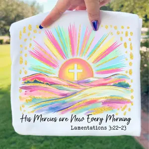 His Mercies Are New Every Morning Christian T-Shirt for Women, Colorful Jesus Cross Bible Verse Shirt, Inspirational Faith Graphic Tee, Religious Church Shirt, Christian Gift for Mom Wife Daughter Easter Outfit