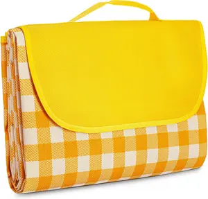 Waterproof Foldable Yellow Gingham Beach Outdoor Blanket Tote Handbag for Park Travel Camping (40x60 inch) - Picnic Blankets