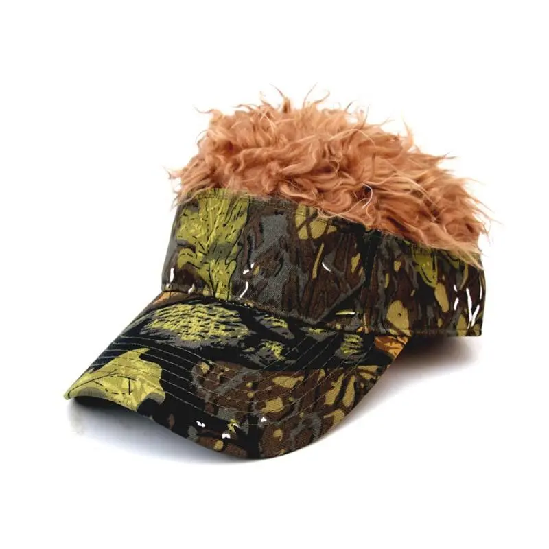 Novelty Spiky Hair Visor Cap, Fake Hair Hip Hop Baseball Cap, Funny Camo Sun Visor Hat with Wig for Party Outdoor Men Women