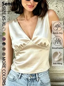 Elegant Deep V Neck Sleeveless Tank Top, Casual Solid Color, Contrast Binding Design, Daily Wear, Slim Fit, Rayon Material, Womenswear