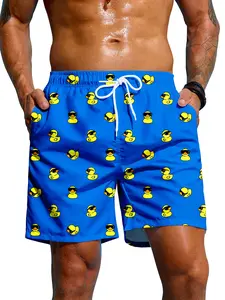 Men's Cartoon Duck Print Beach Shorts, Casual Comfy Loose Swim Shorts for Summer, Men's Swimwear for Beach Vacation Outdoor Swimming Trunks