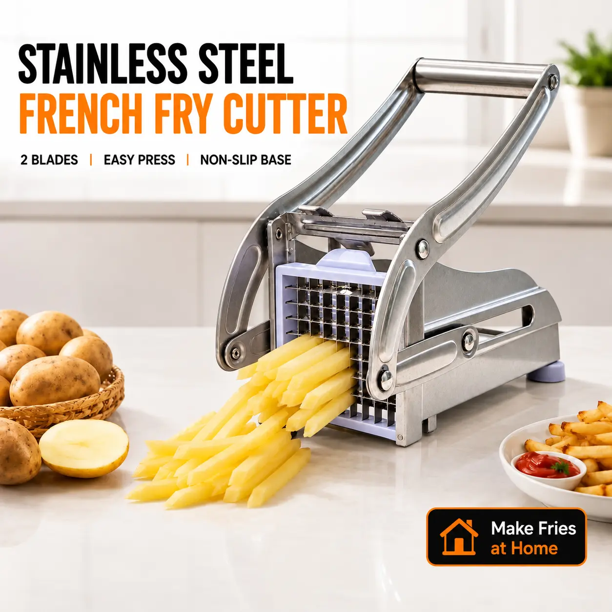Manual French Fry Cutter with 2Blades,Stainless Steel Potato Slicer forFries,Carrots & Cucumbers, Kitchen Air FryerMate,Perfect fruit vegetable Slicer