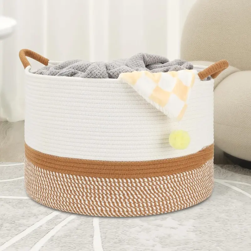 Large Blanket Basket (20"x13"),Woven Basket for Storage Dirty Clothes Basket for Laundry, Living Room, Nursery, Bedroom Rope Storage Basket for Blankets